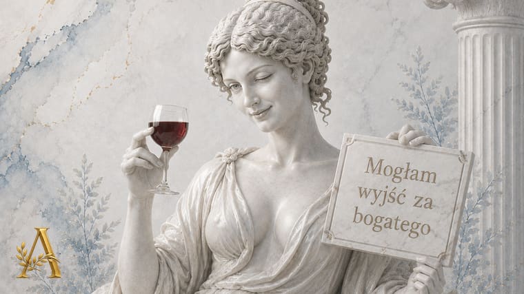 Nauczycielka z tabliczką „Mogłam wyjść za bogatego”, obok notatnik i stos ksiąg