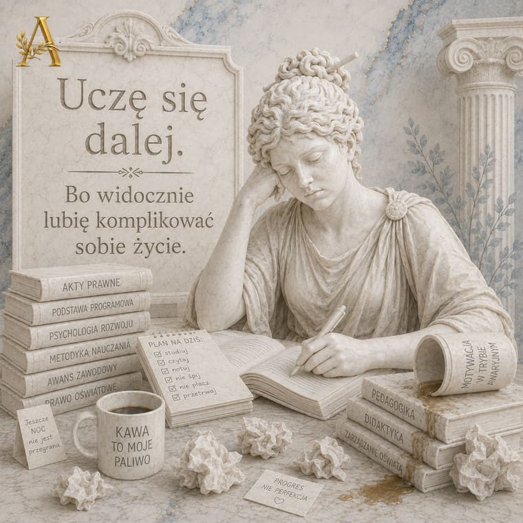 Zmęczona nauczycielka kontynuuje naukę nad stosem aktów prawnych i podręczników metodyki