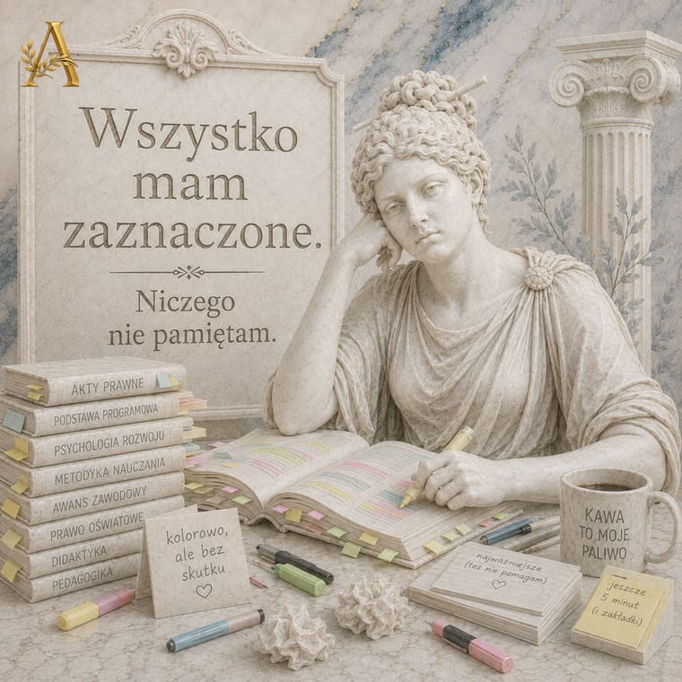 Nauczycielka nad książką pokreśloną zakreślaczami, obok notatka kolorowo, ale bez skutku