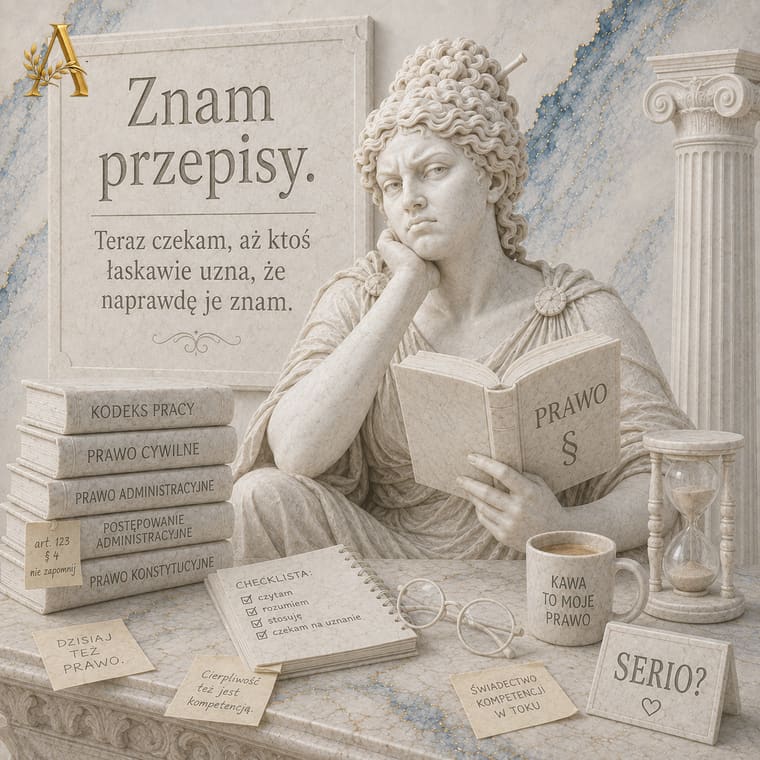 Nauczycielka z księgą prawa nad stosem kodeksów, obok notatka z pytaniem serio