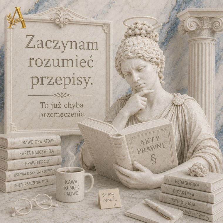 Nauczycielka czyta księgę z napisem akty prawne obok stosu ustaw oświatowych i podręczników z dydaktyki